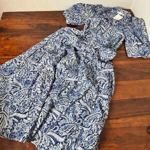 NWT H&M Long Cotton Tie Belt Dress, Blue Paisley, Small